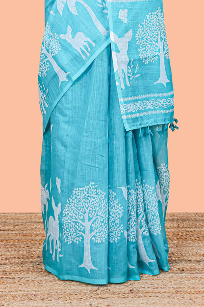 Designer turquoise blue linen cotton saree