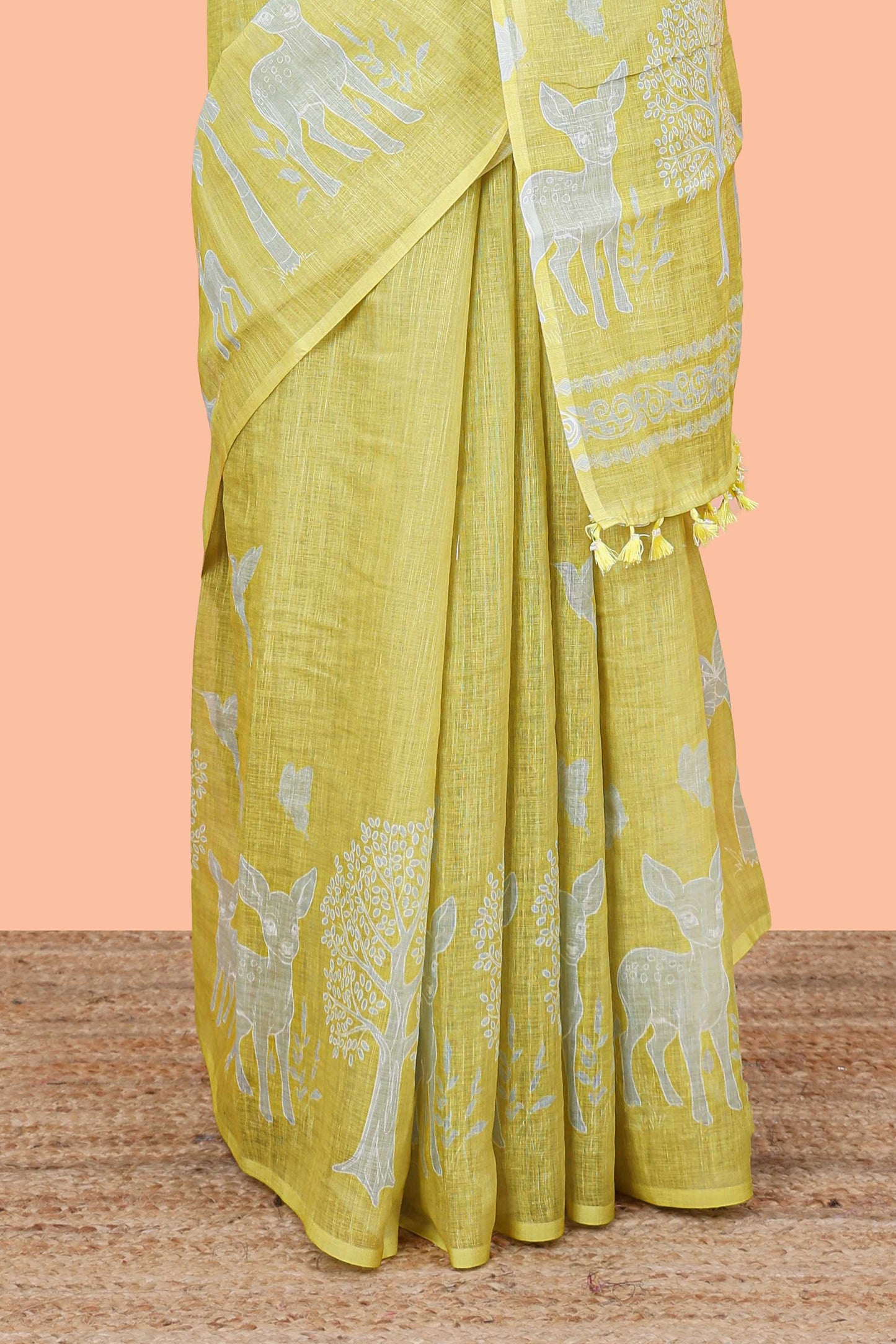Designer yellow linen cotton saree
