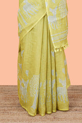 Designer yellow linen cotton saree