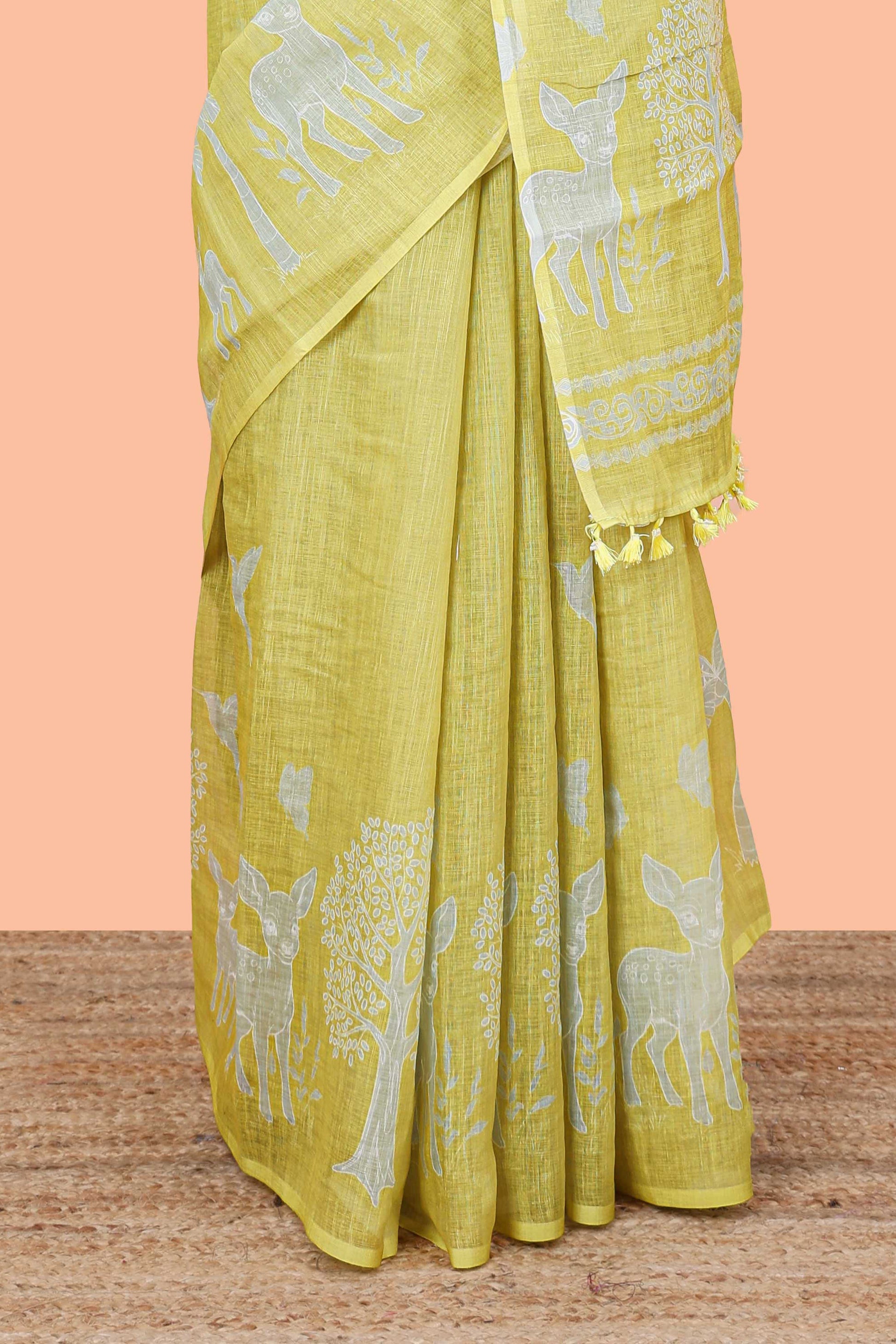 Designer yellow linen cotton saree