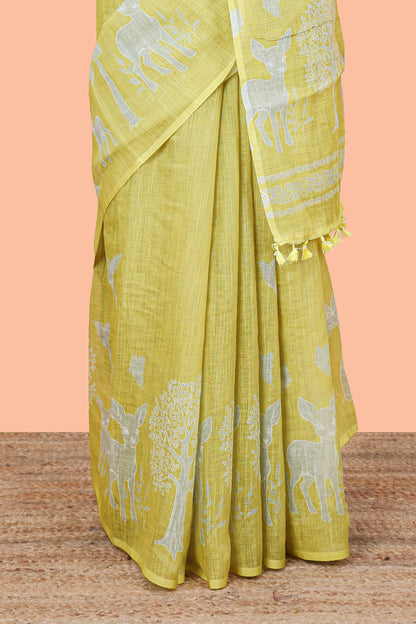 Designer yellow linen cotton saree