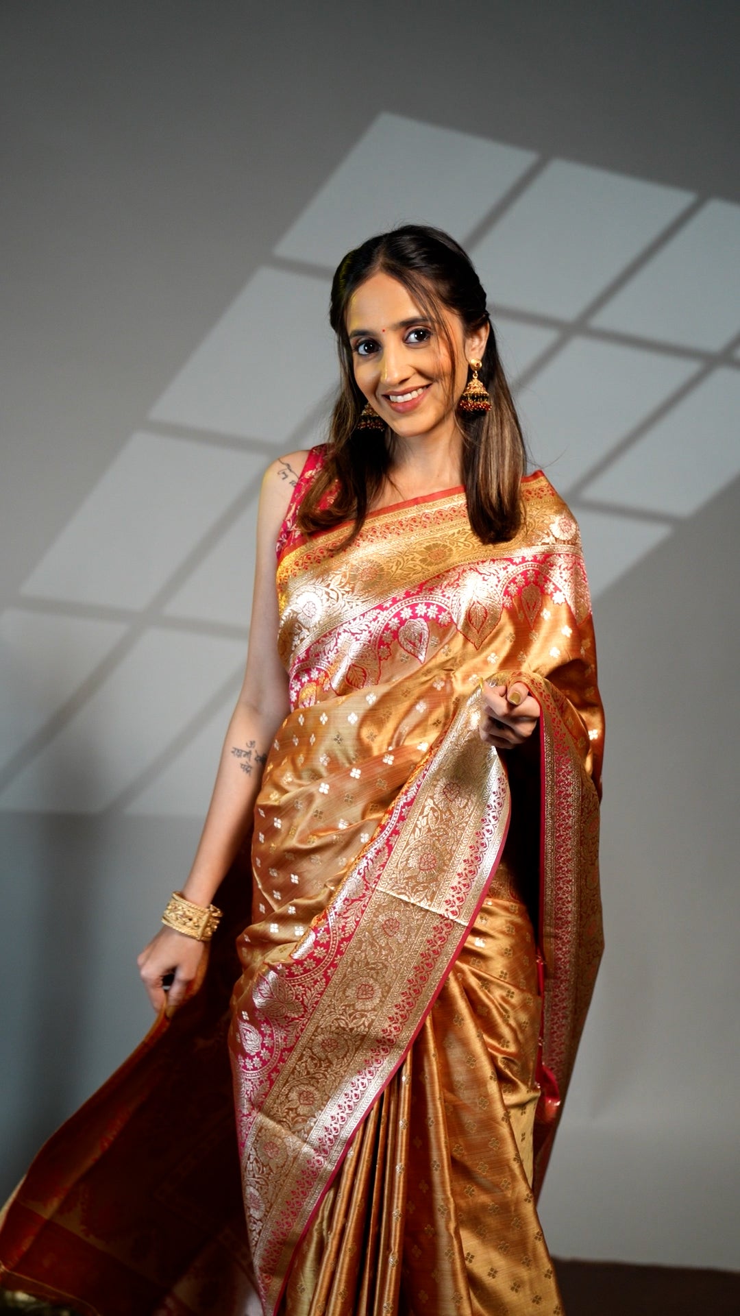 Mustard zari butta semi soft silk saree with self border and matching pallu