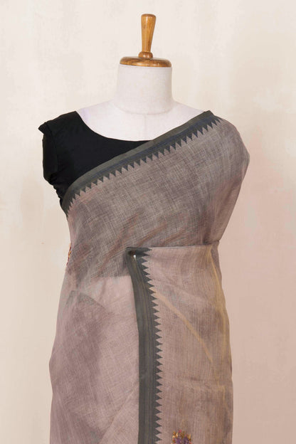 Elephant grey linen saree with French knot work