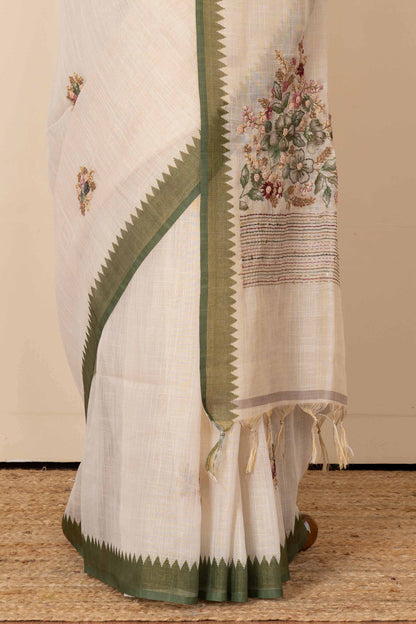 Floral embroidery linen saree