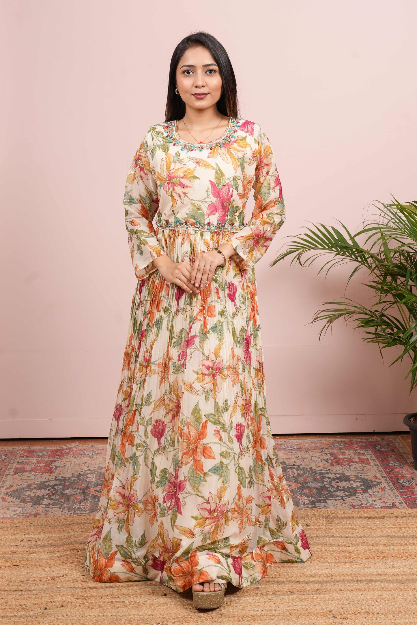 Floral silk lehenga ensemble
