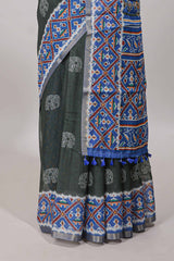 Forest green printed blouse saree 