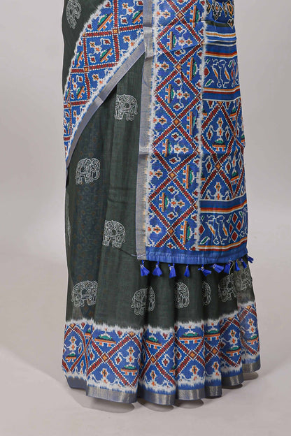 Forest green printed blouse saree 