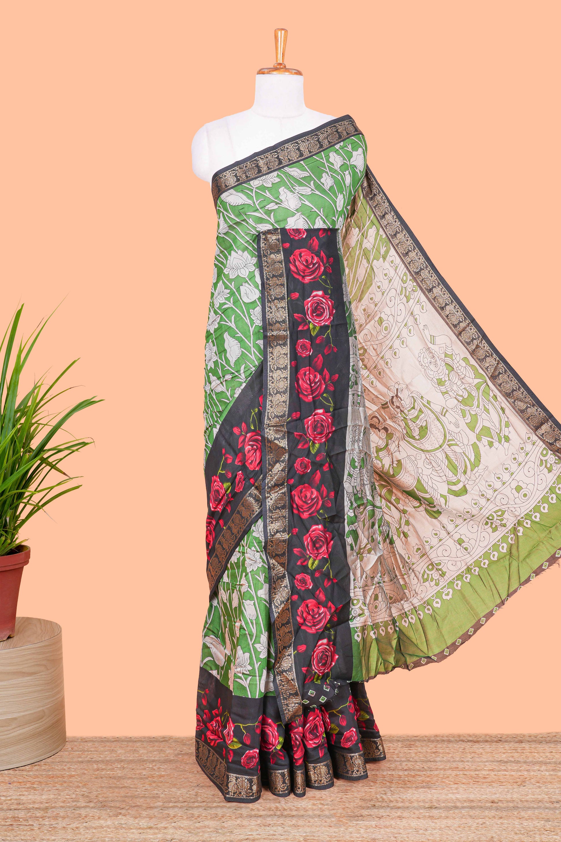 Green Chanderi Cotton Body and Pallu Kalamkari Print With Zari Border