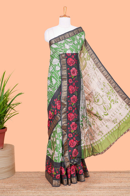 Green Chanderi Cotton Body and Pallu Kalamkari Print With Zari Border