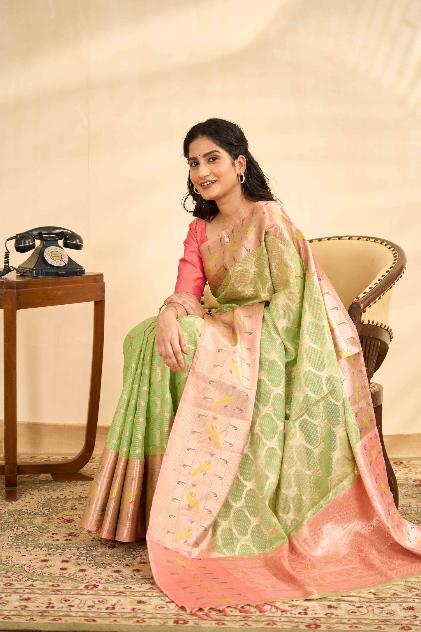 Green Kota cotton saree pink border