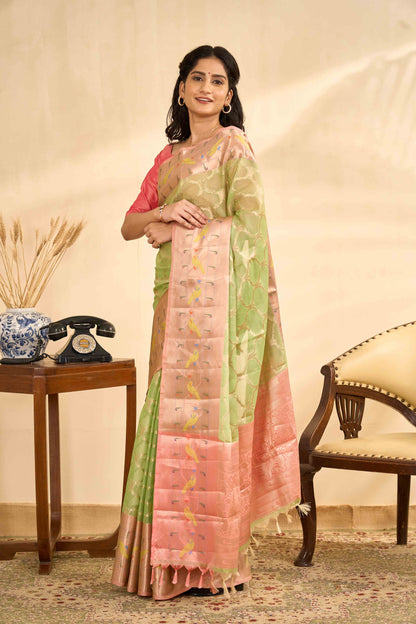 Green Kota cotton saree pink border design