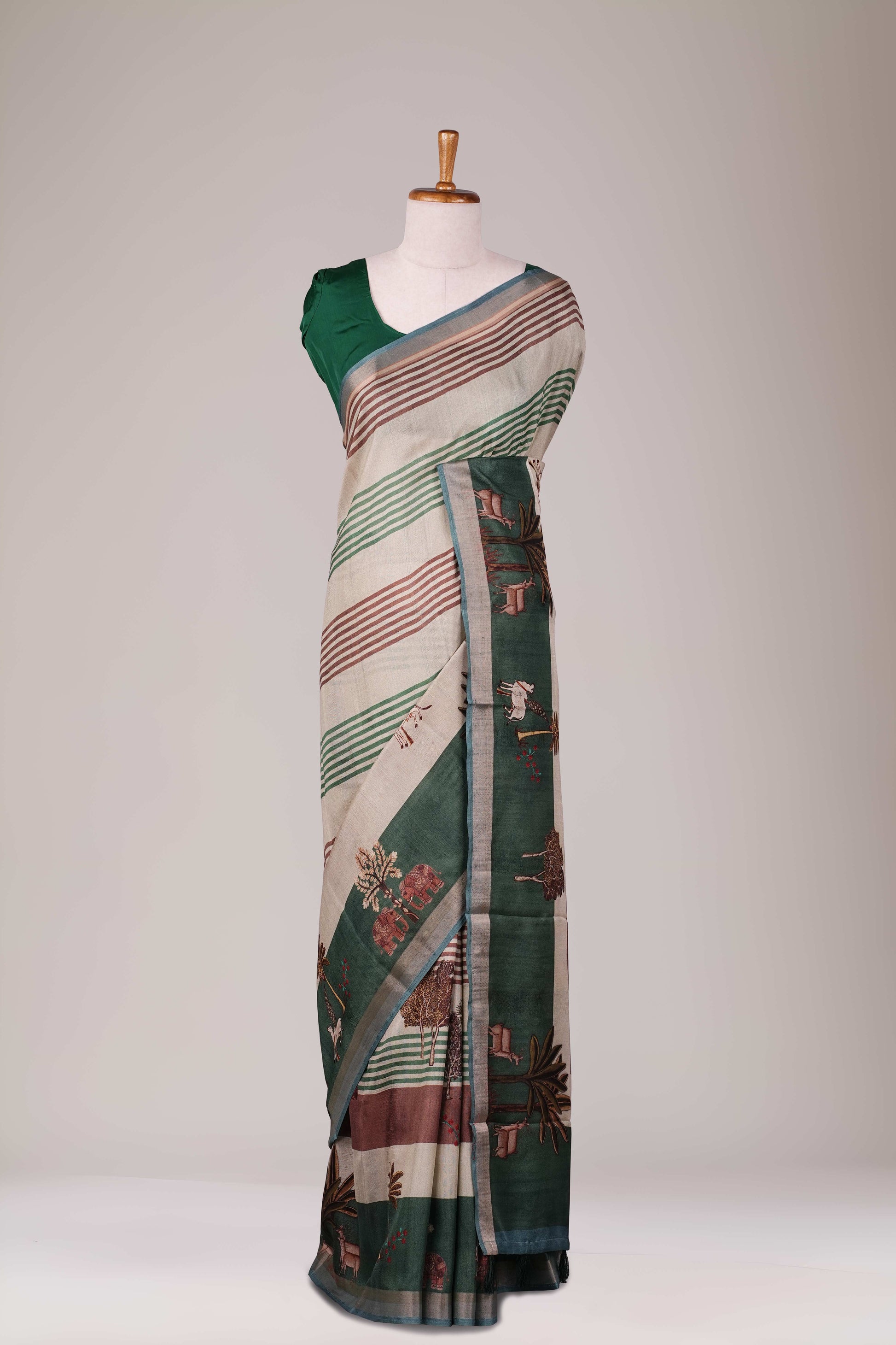 Green and white Printed Sarees