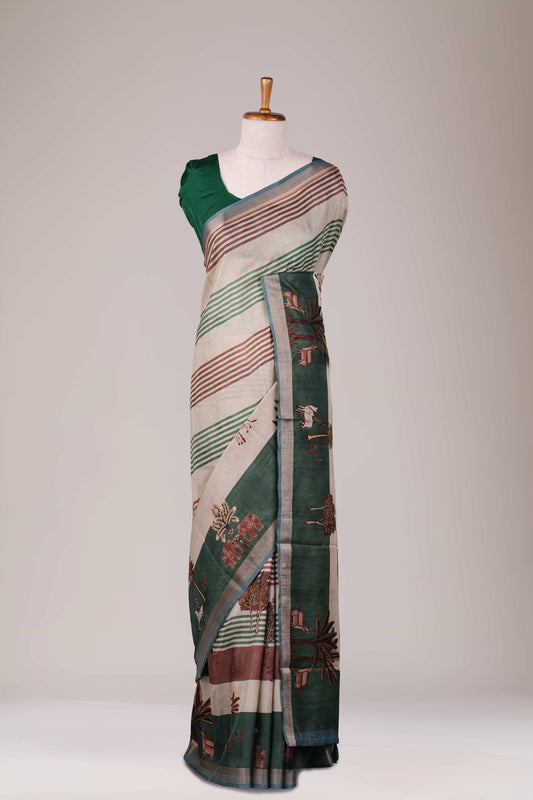 Green and white Printed Sarees