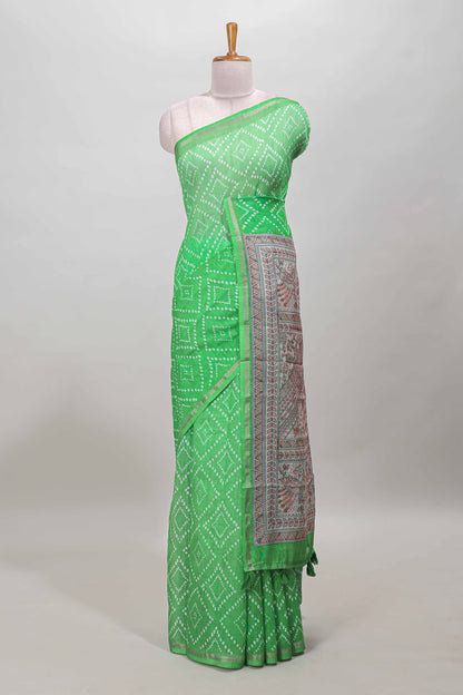 Green bandhani style linen cotton saree