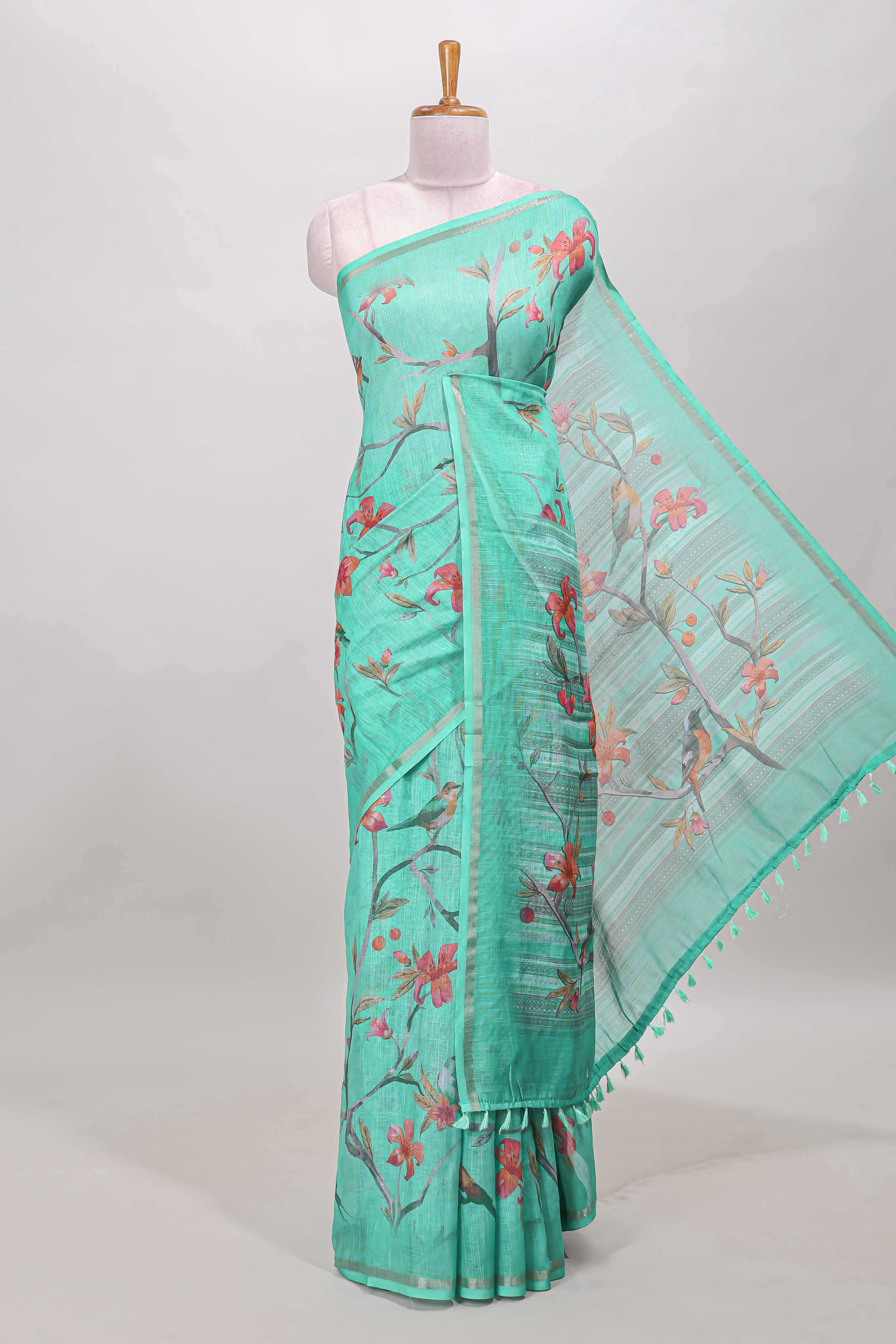 Green bird and floral linen cotton saree