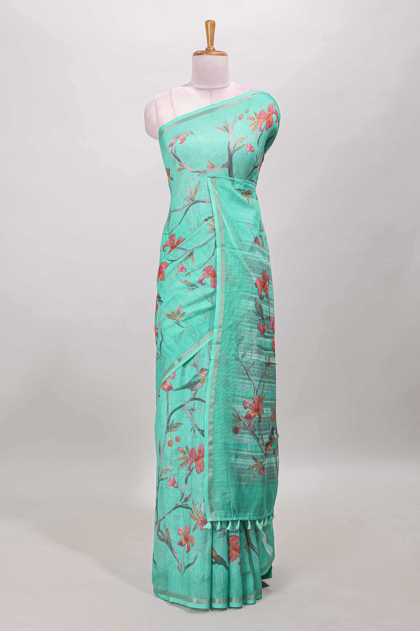 Green birds motif linen cotton saree