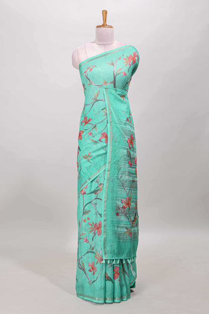 Green birds motif linen cotton saree