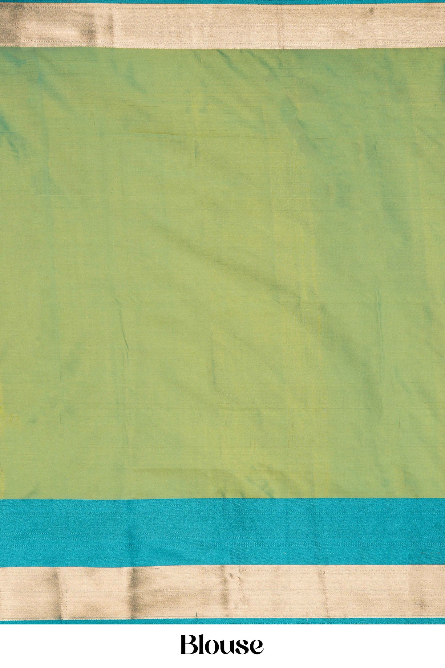 Green blouse with a blue border and beige bottom 