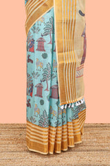 Green casual Chirala cotton saree with zari border