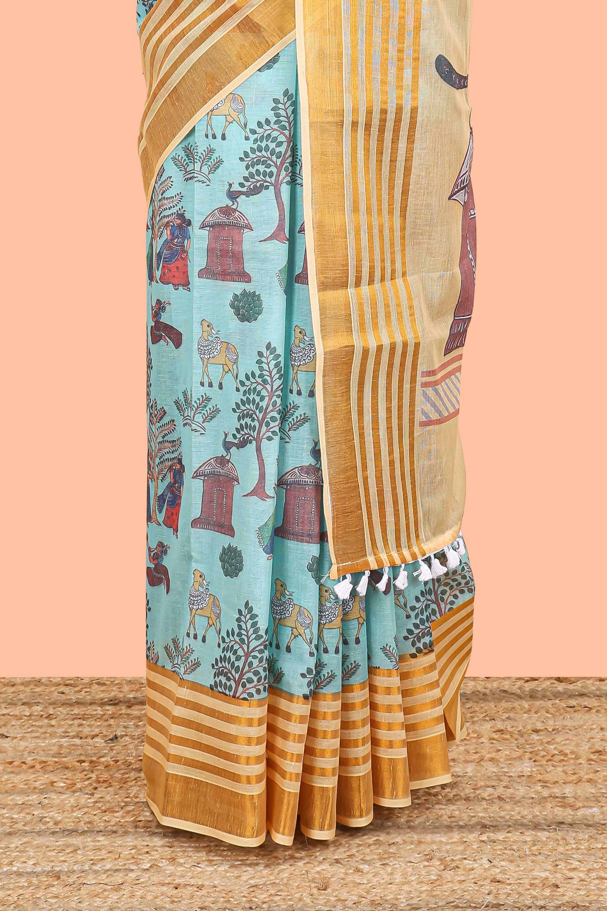 Green casual Chirala cotton saree with zari border
