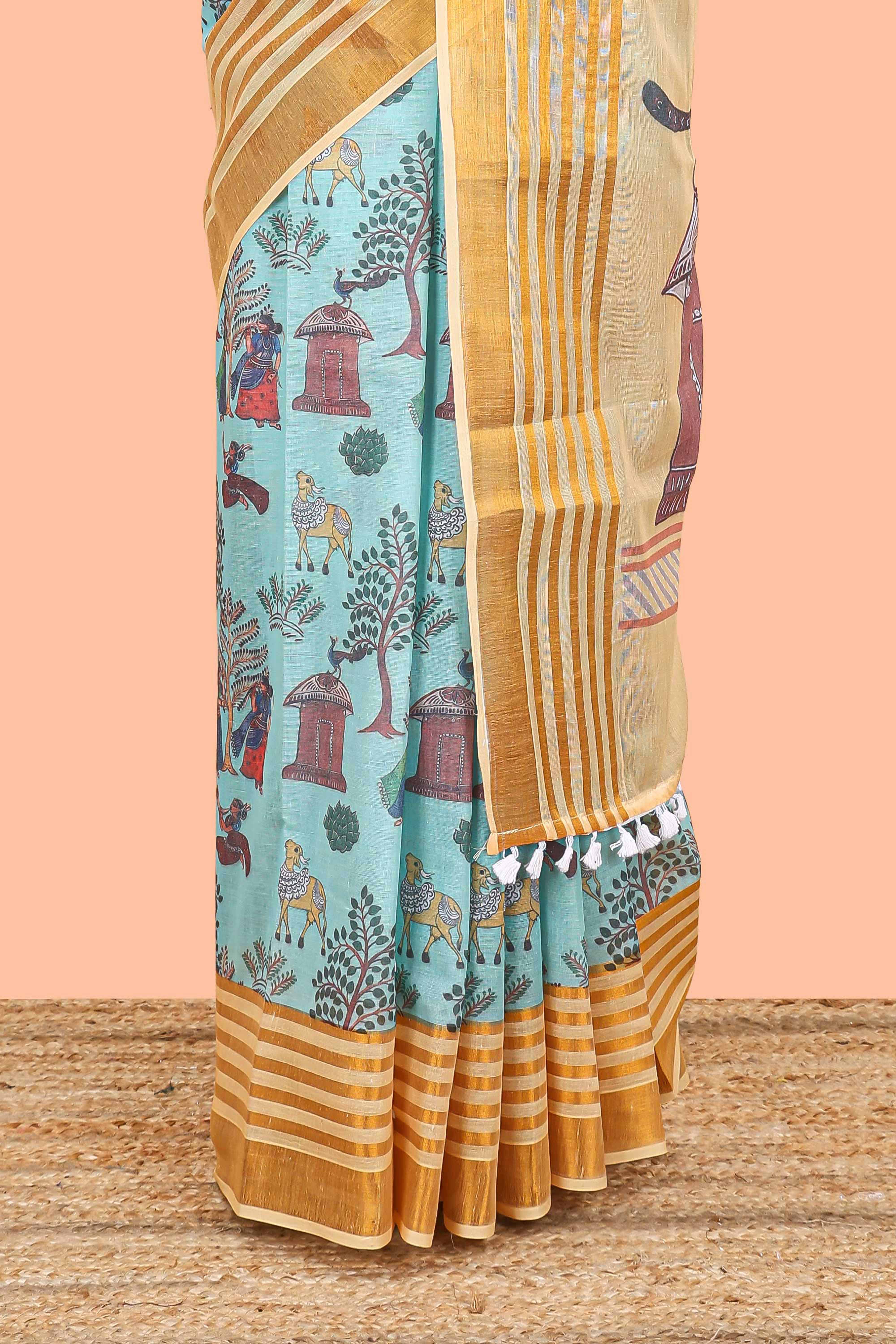 Green casual Chirala cotton saree with zari border