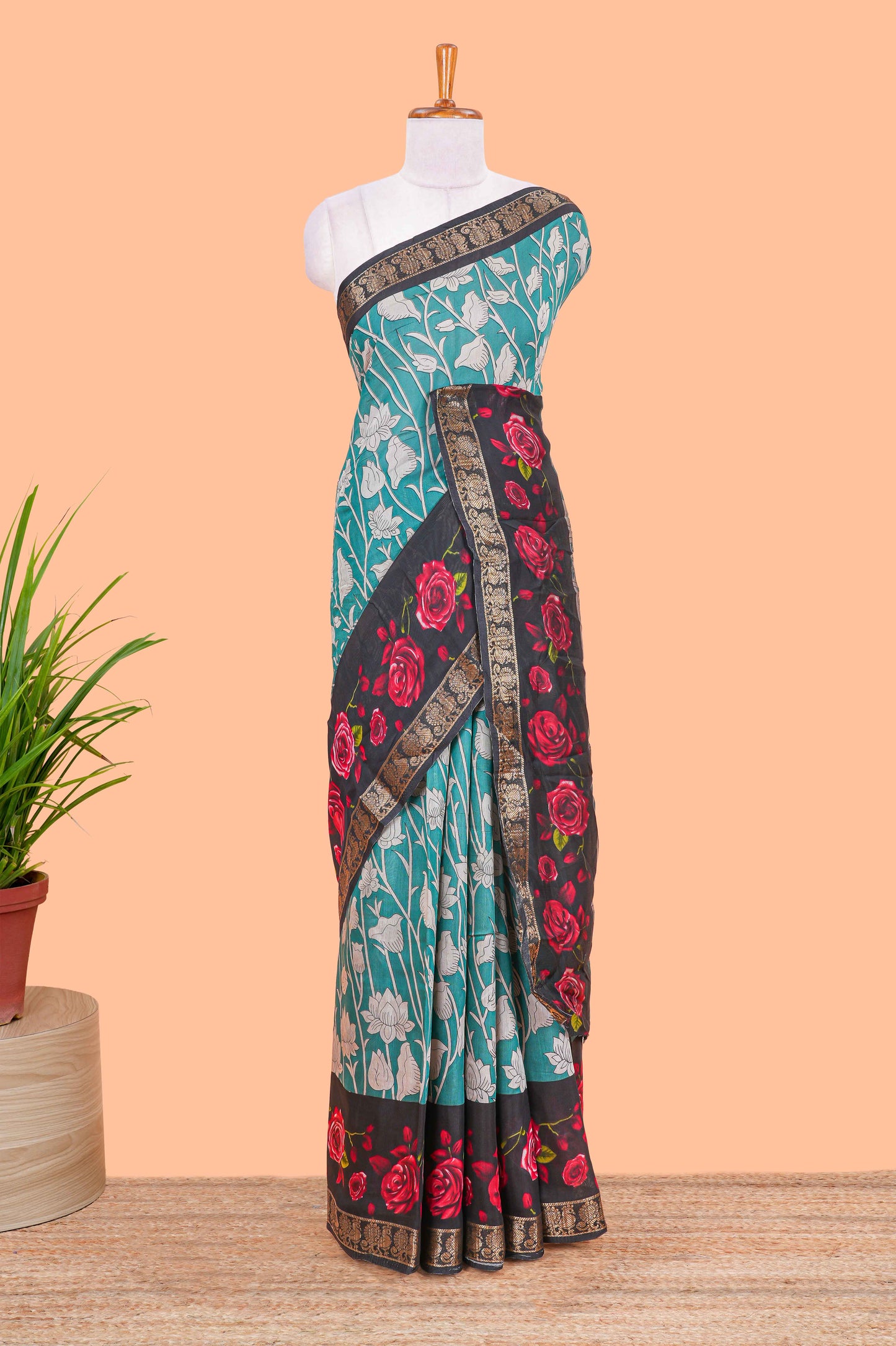 Green chanderi cotton saree kalamkari print