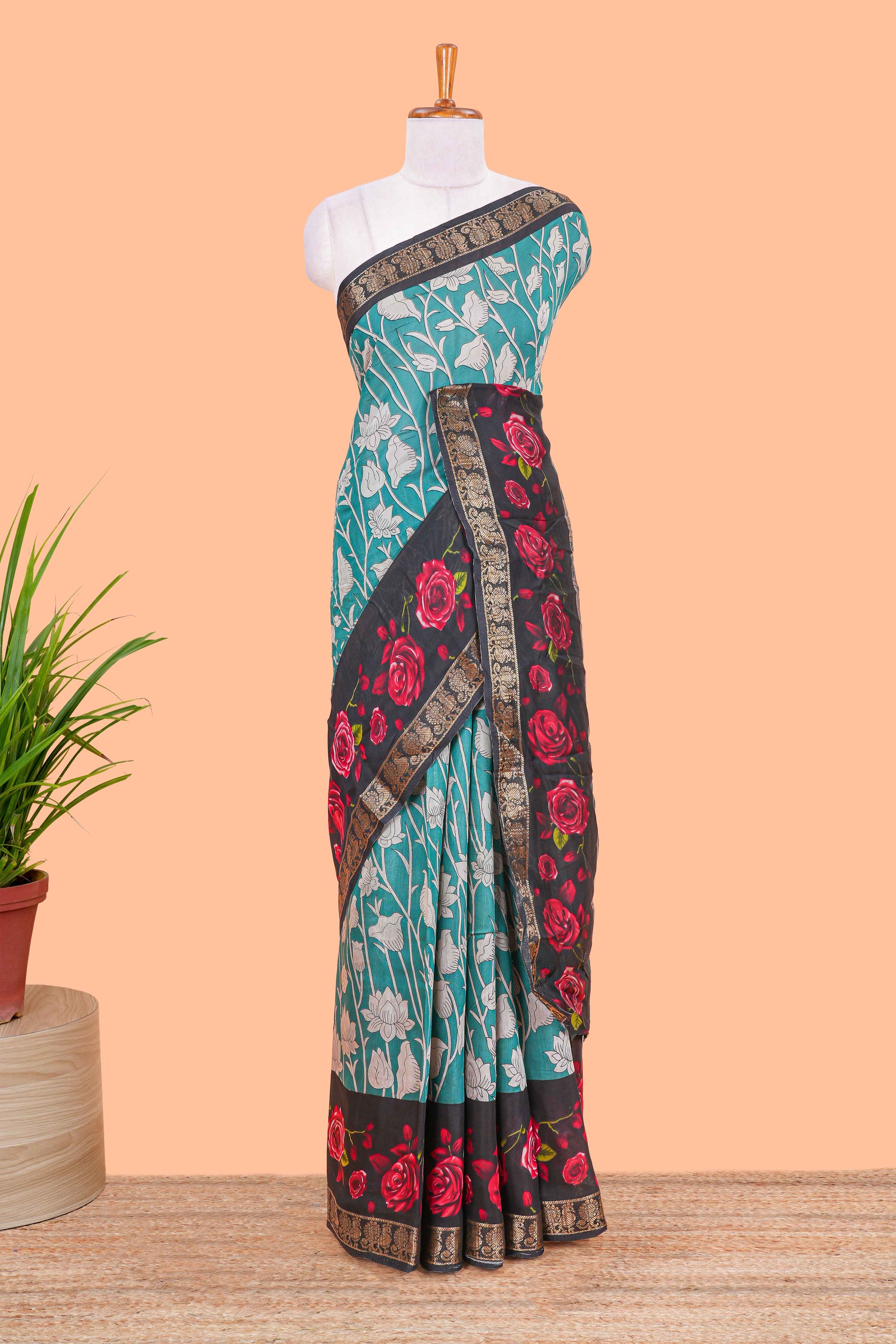 Green chanderi cotton saree kalamkari print