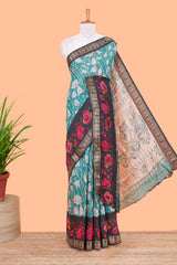 Green chanderi cotton saree kalamkari print contrast zari border