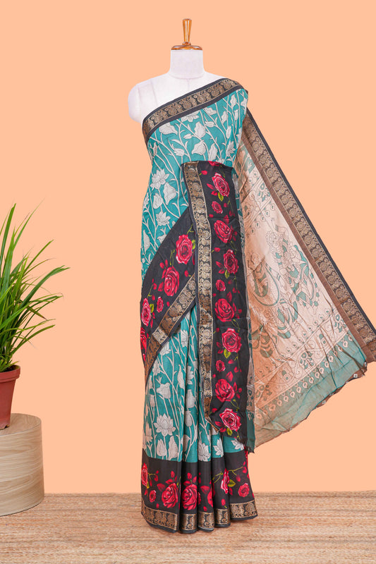 Green chanderi cotton saree kalamkari print contrast zari border