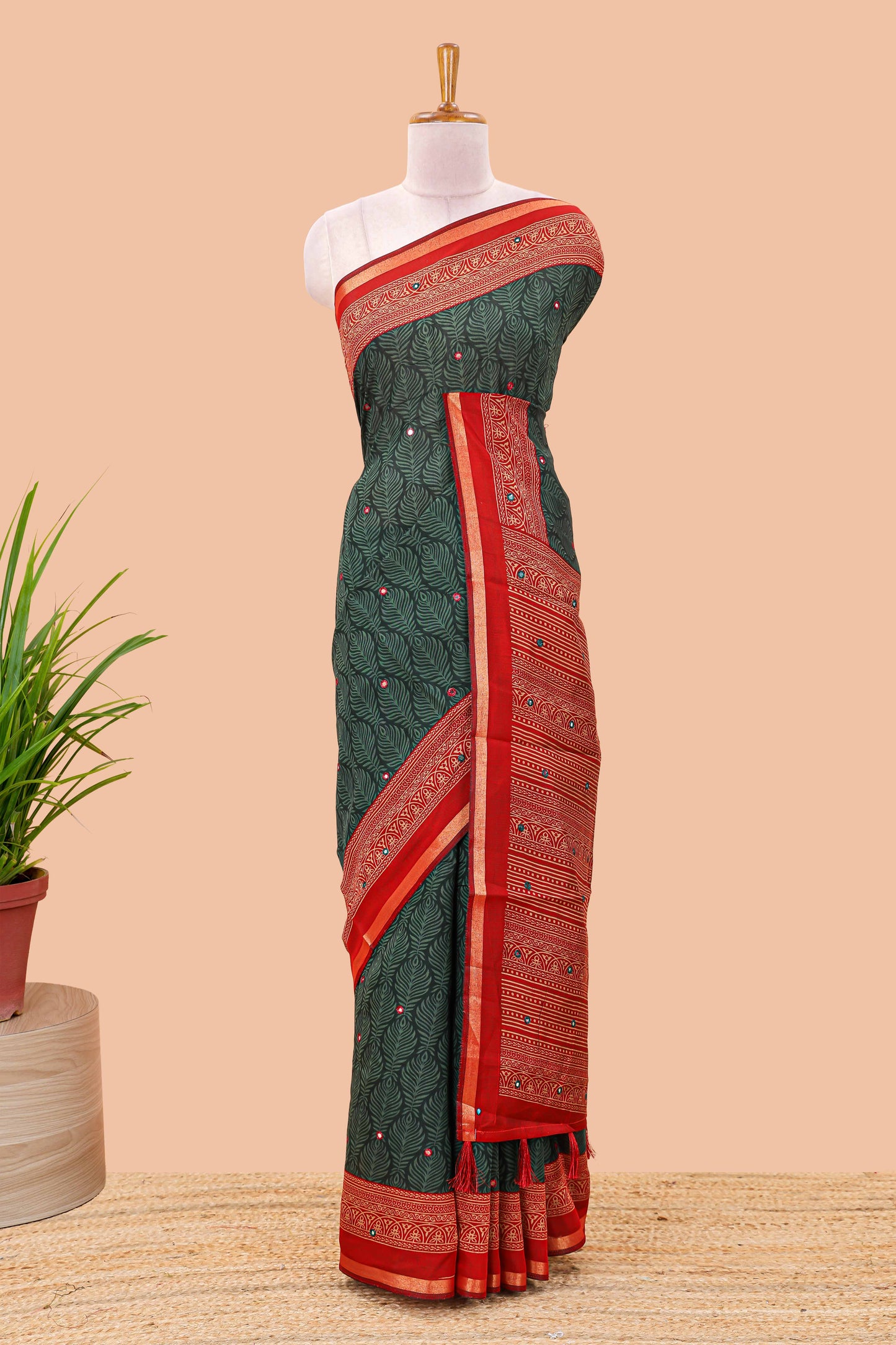 Green chanderi cotton saree peacock print
