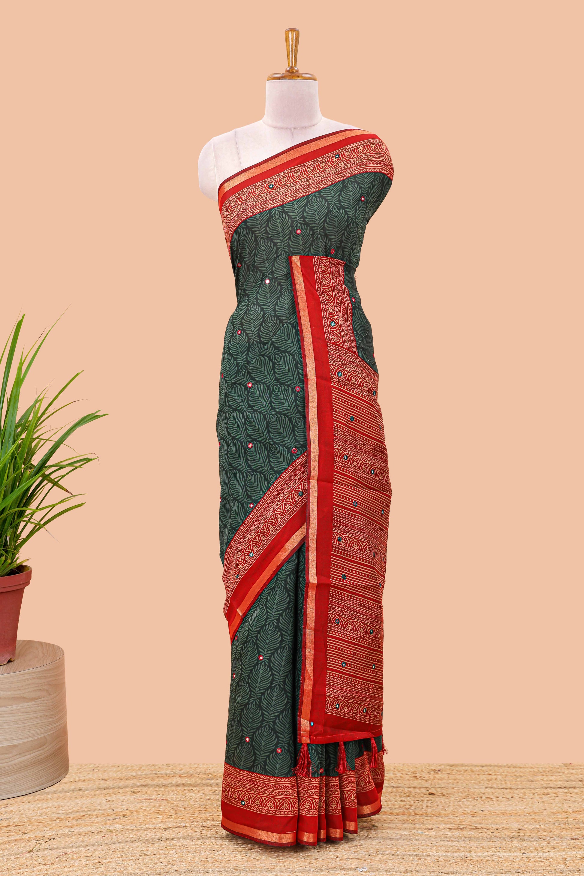 Green chanderi cotton saree peacock print