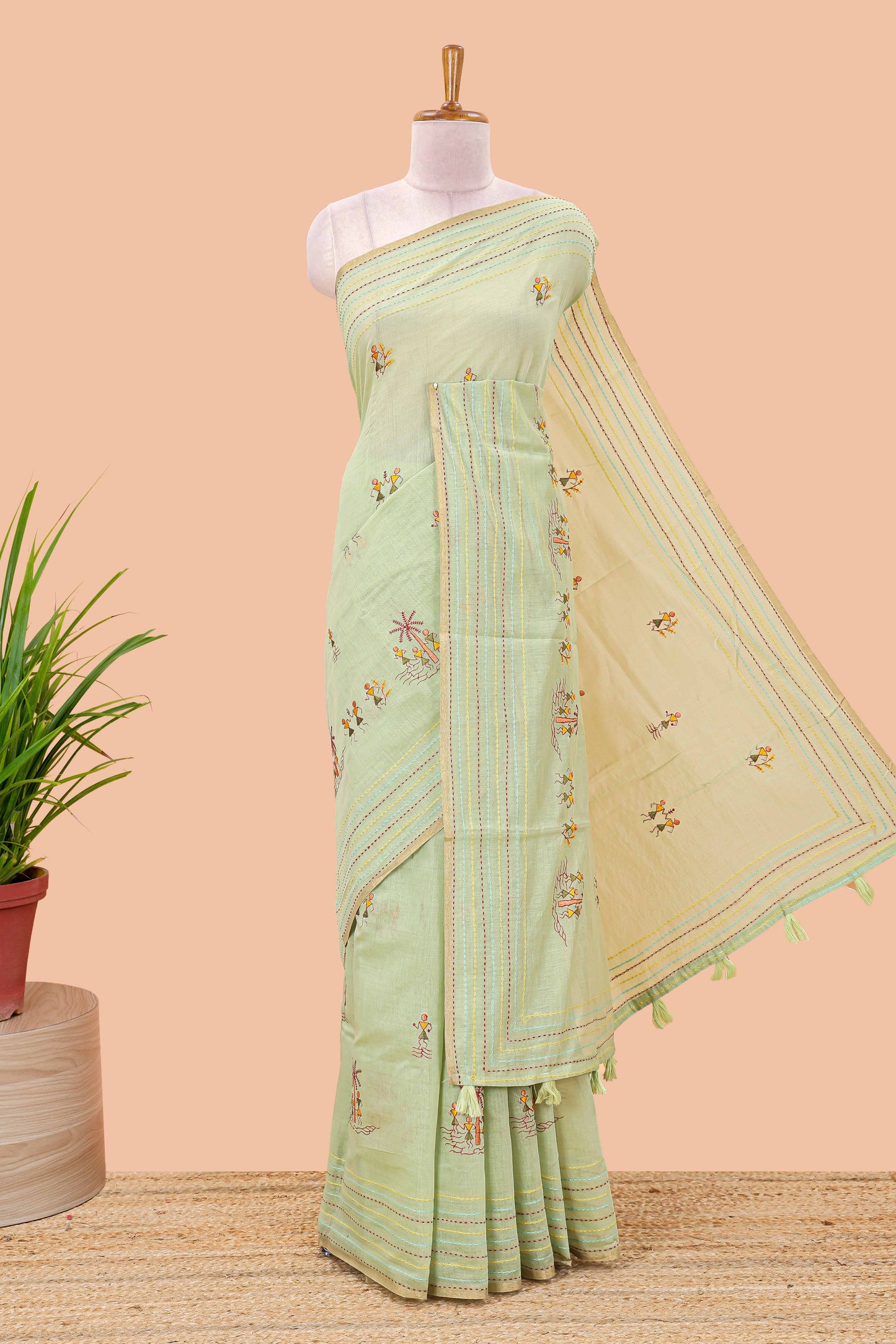 Green chanderi cotton saree warli art embroidery pallu