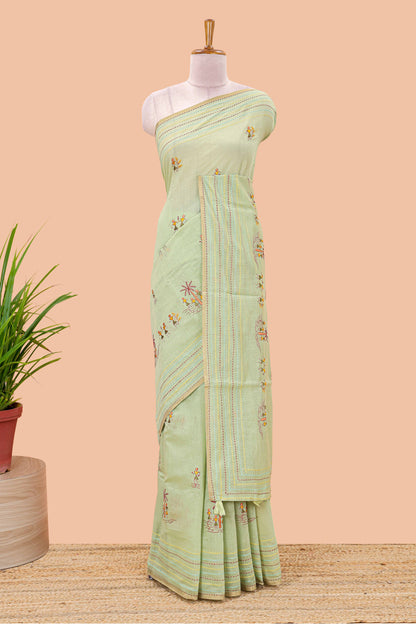 Green chanderi cotton saree warli design