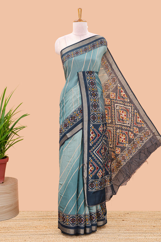 Green chanderi cotton saree with diagonal stripes