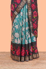 Green chanderi cotton saree with zari border