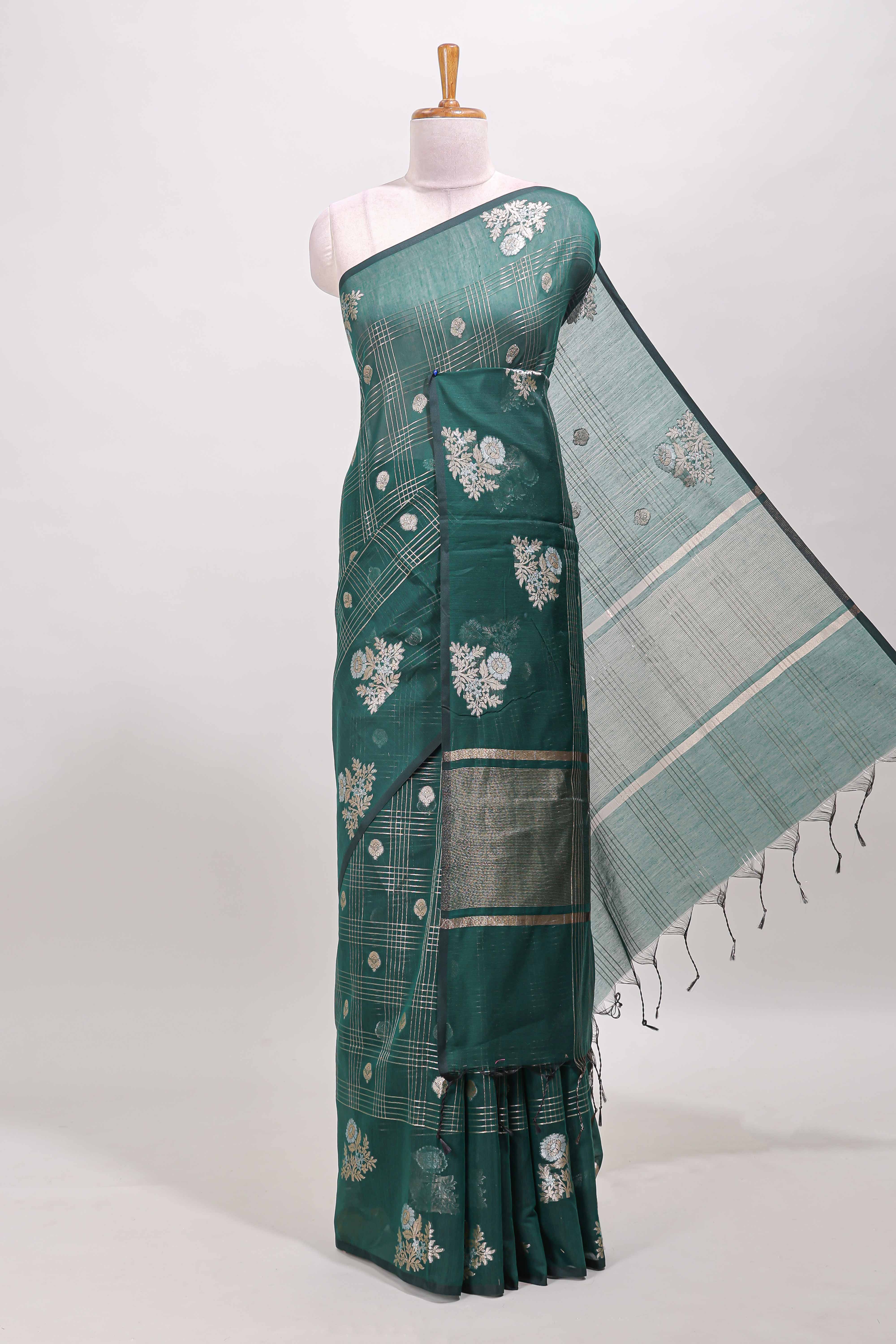 Green chanderi silk cotton saree checked zari motifs self border