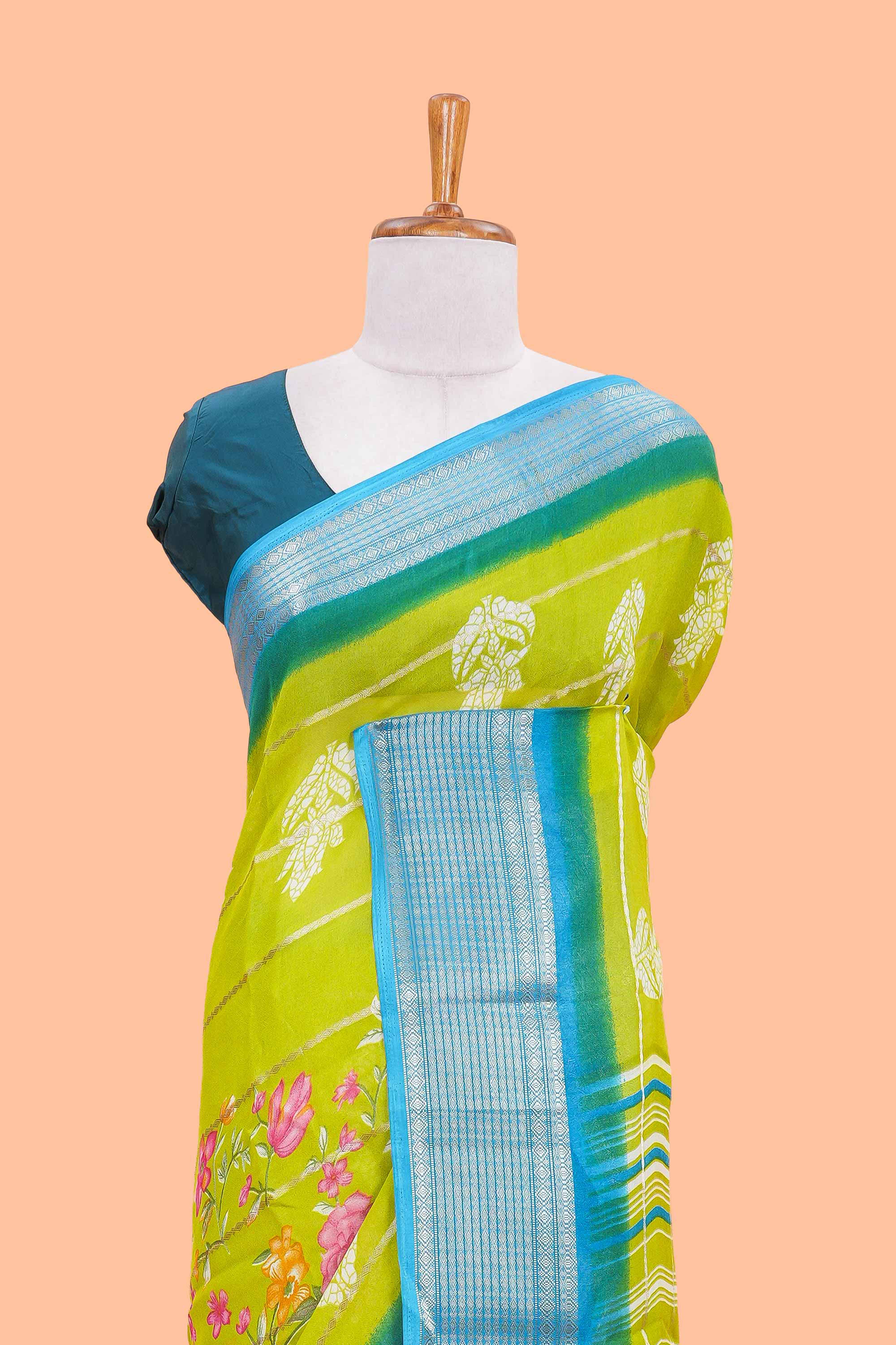 Green chiffon georgette contrast border saree