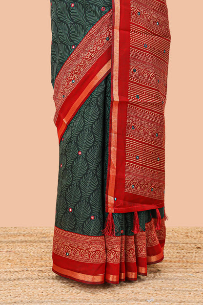 Green contrast border chanderi saree