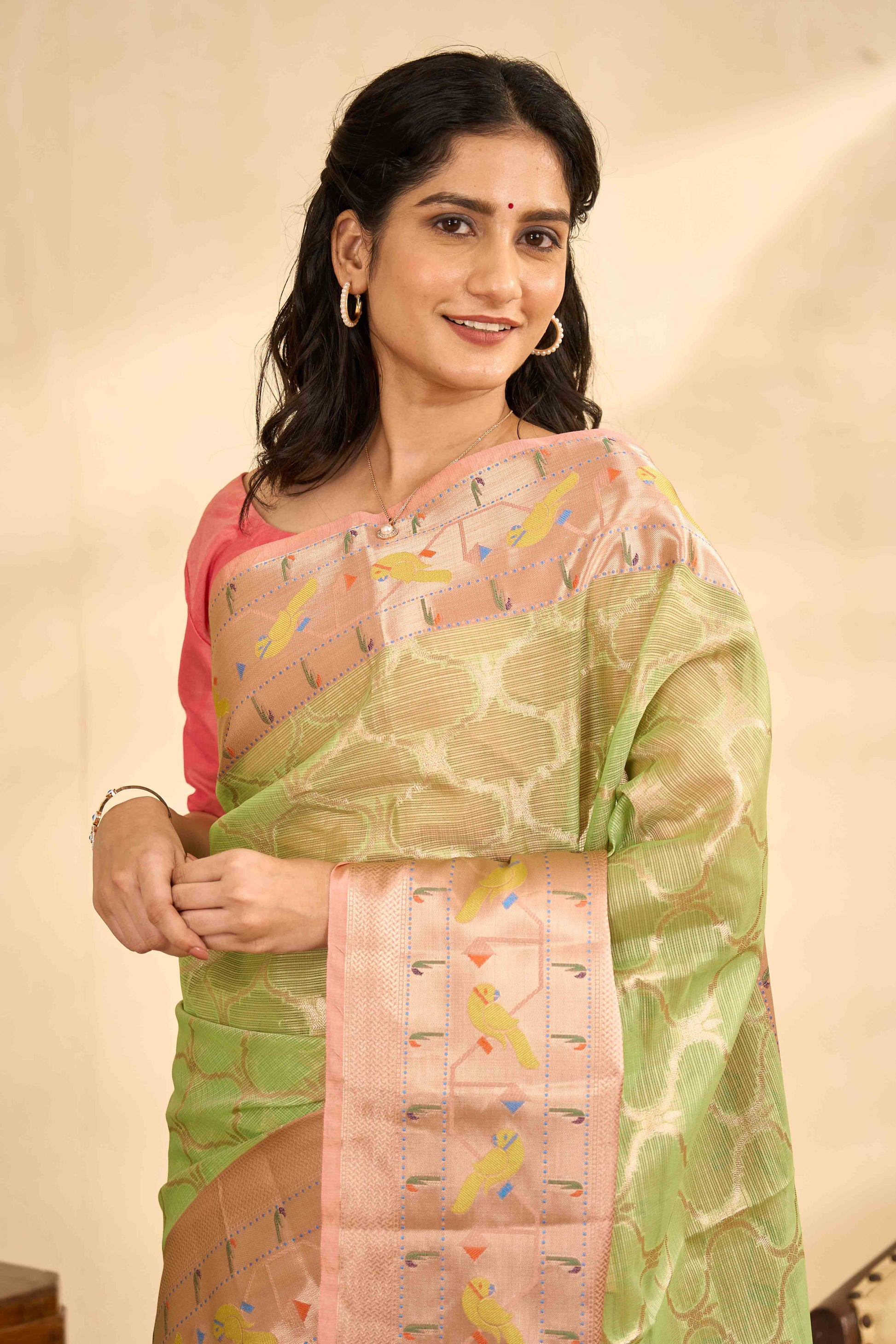 Green cotton Kota saree contrast border