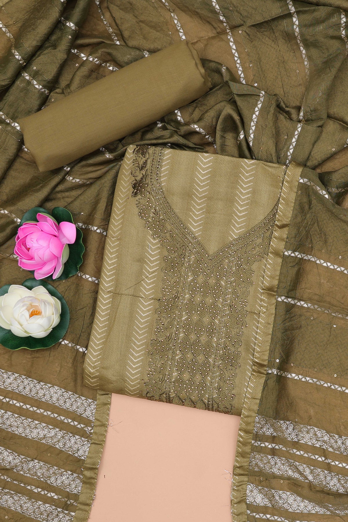 Green cotton embroidery dress material