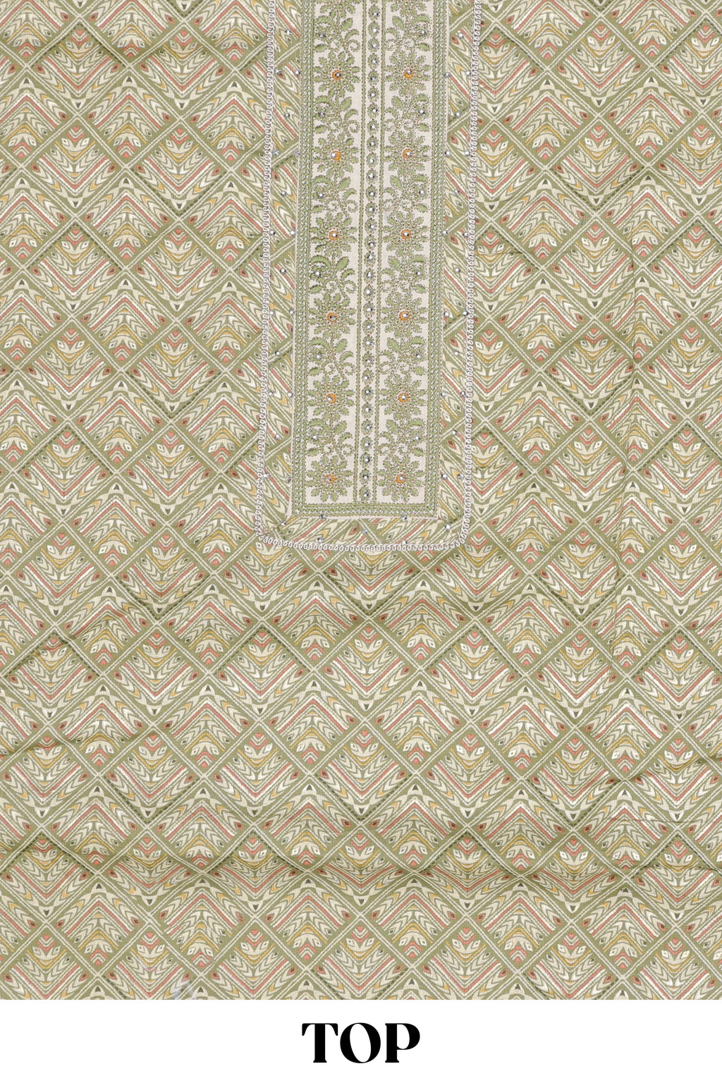 Green cotton geometric embroidery dress material
