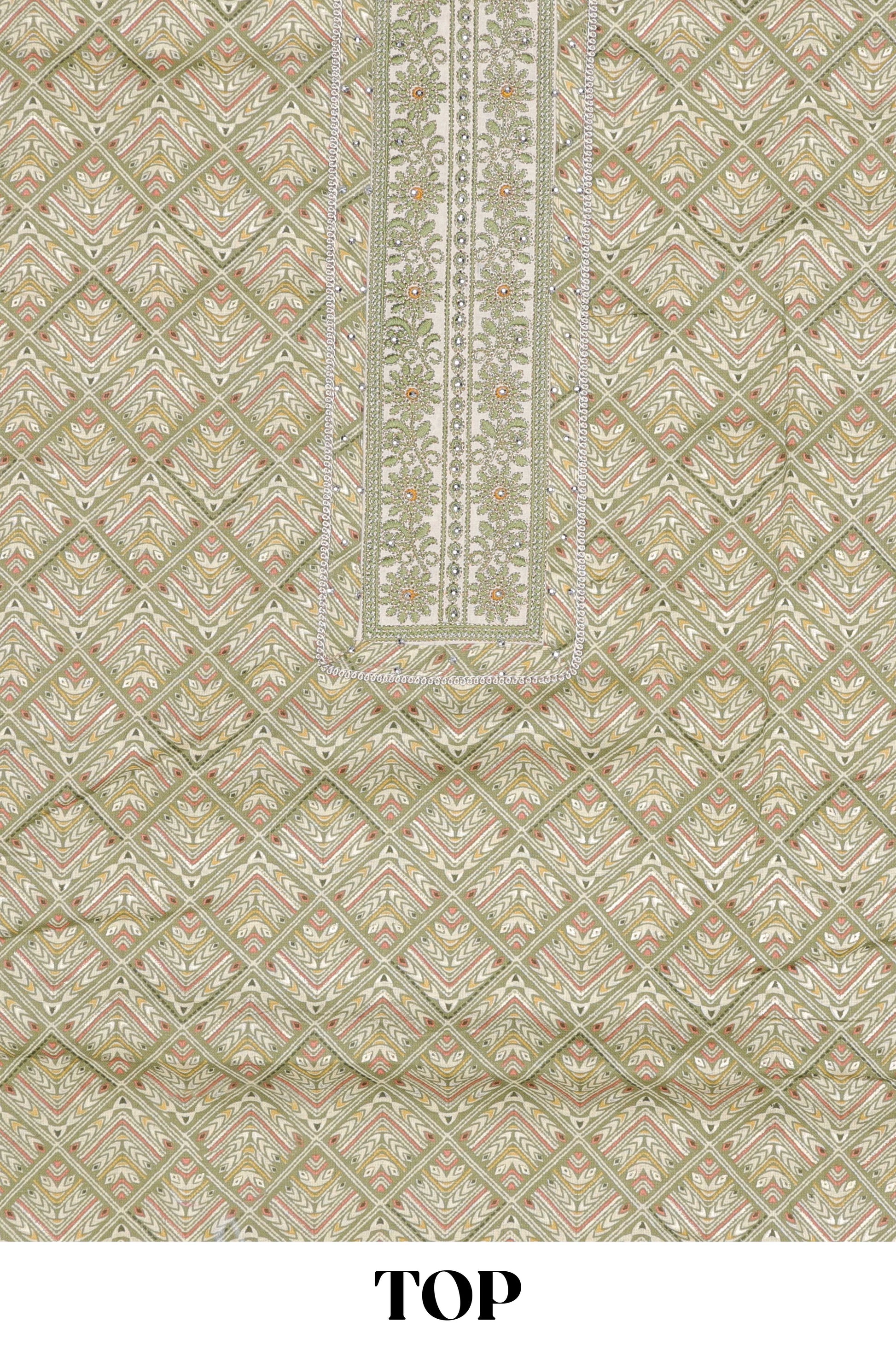 Green cotton geometric embroidery dress material