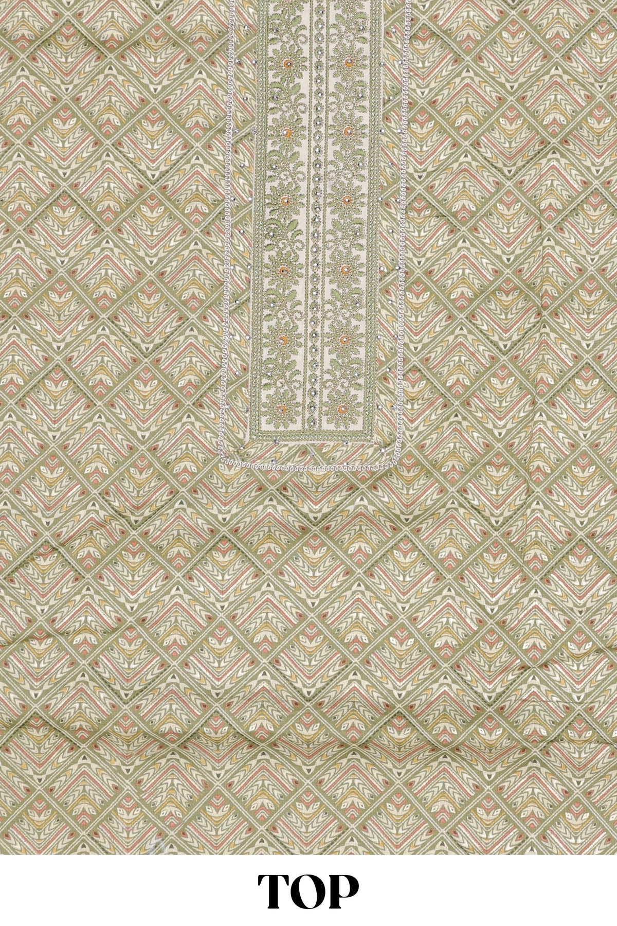 Green cotton geometric embroidery dress material