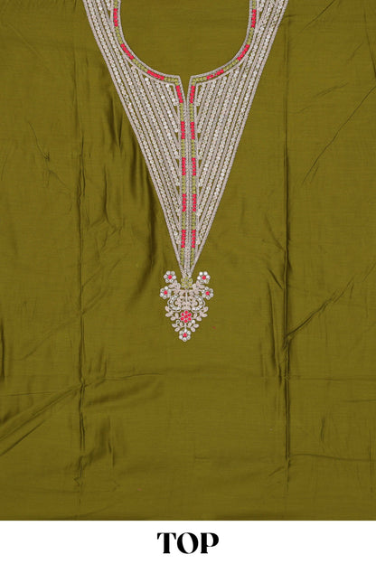 Green cotton silk embroidered dress material