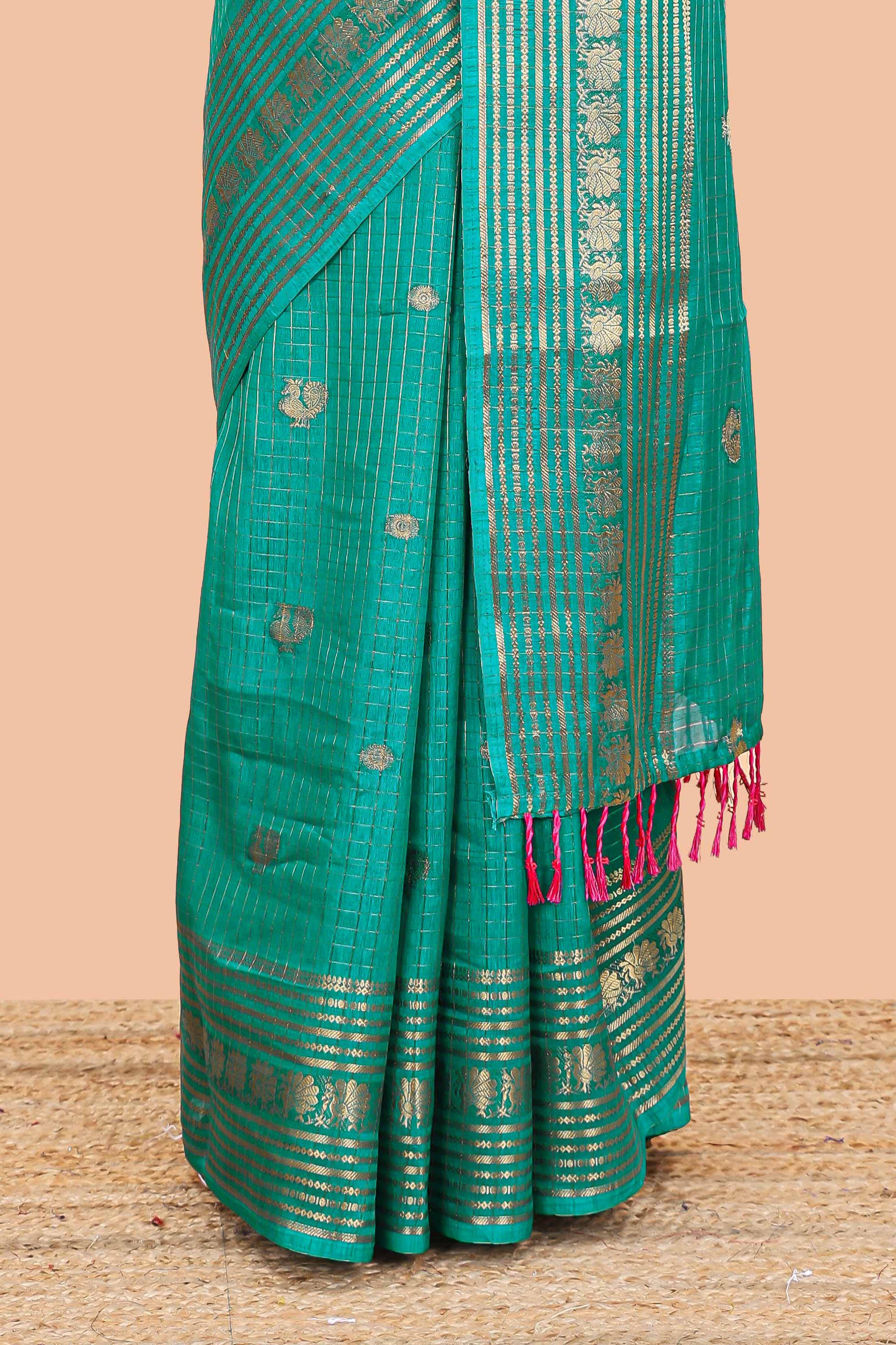 Green dola silk checked saree
