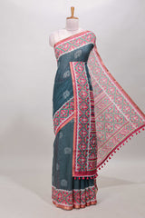 Green elephant motifs linen cotton saree