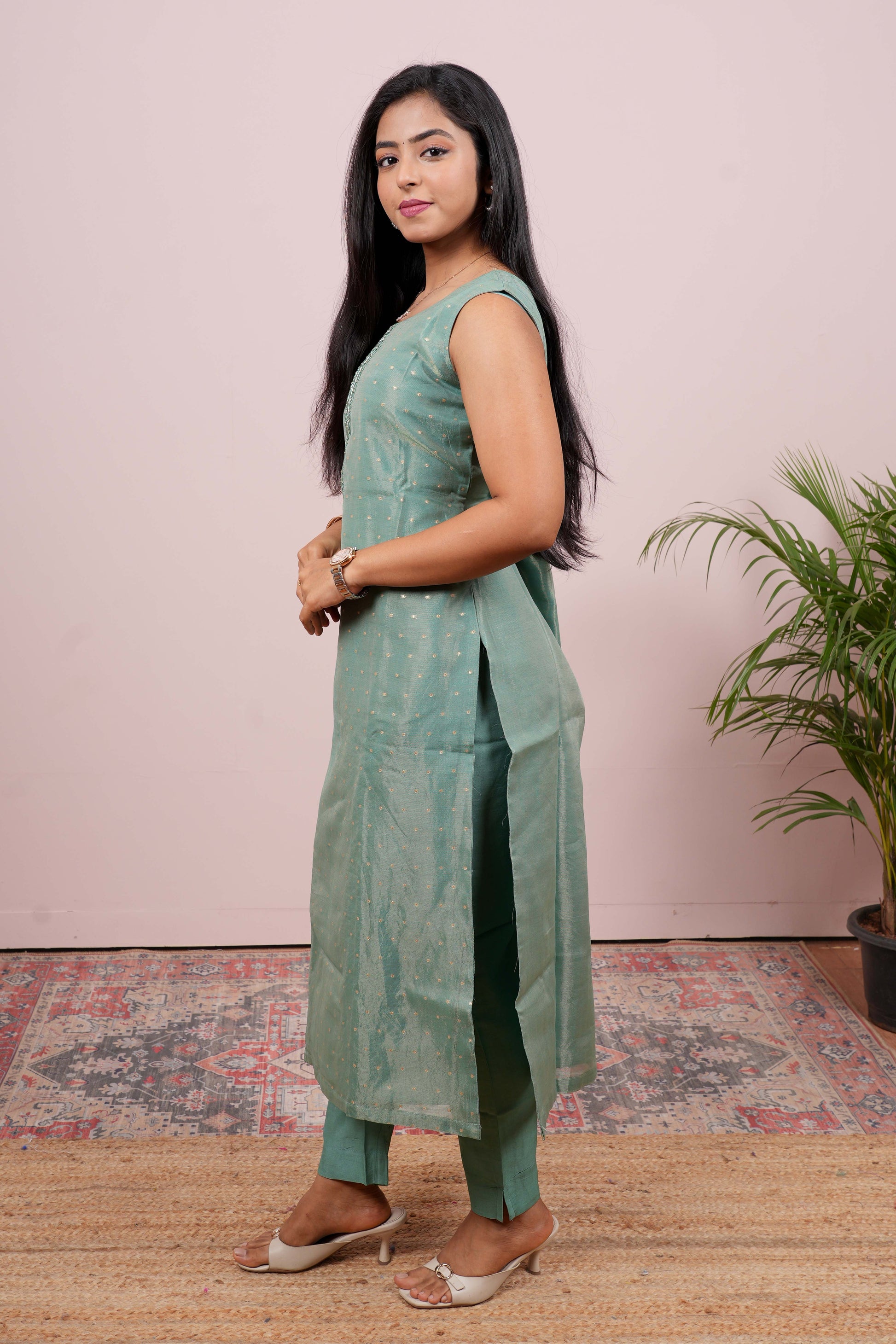 Green embroidered neckline chudidhar