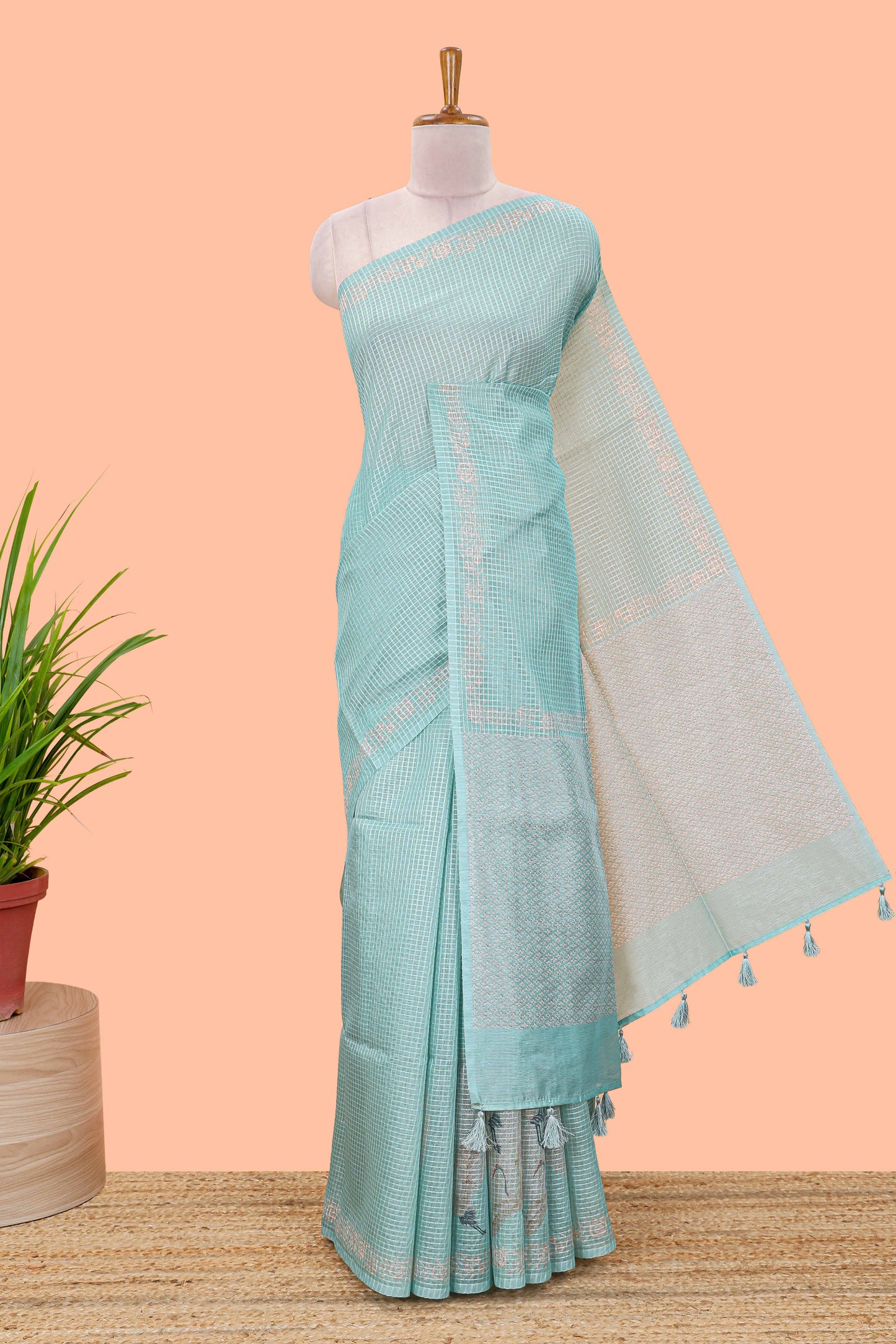 Green featuring crane bird motif print and contrast pallu Kota cotton saree