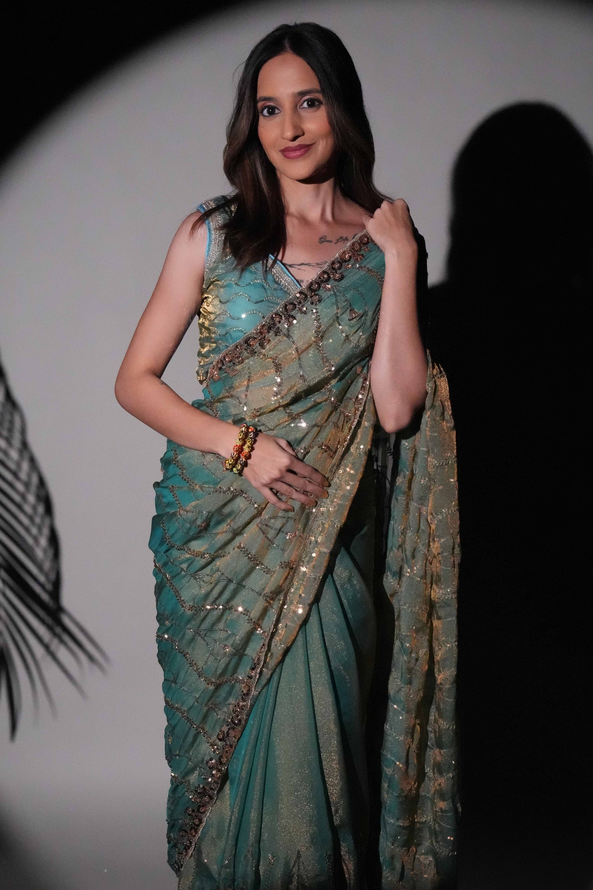 Green festive designer drape