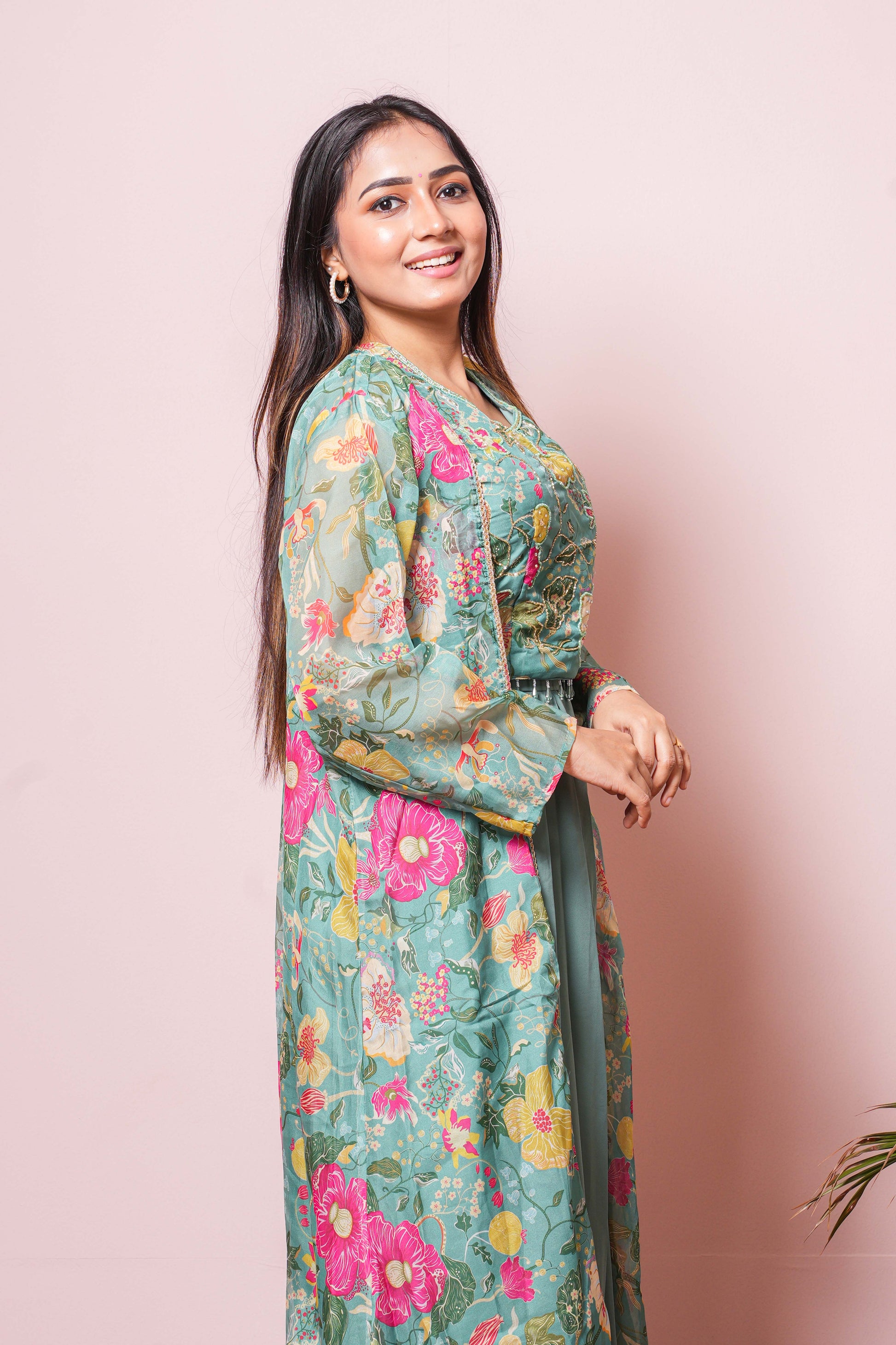 eyeshadow for emerald green dress Mint Petal Dream Green Cotton Suit Set | Embroidered A-line Kurta main image 1